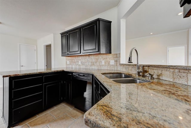 kitchen with a sink, light stone countertops, black dishwasher, a peninsula, and dark cabinets