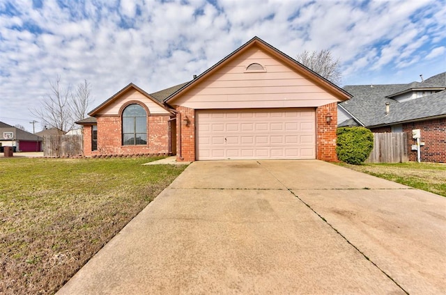 ranch-style home with brick siding, a front lawn, fence, concrete driveway, and a garage