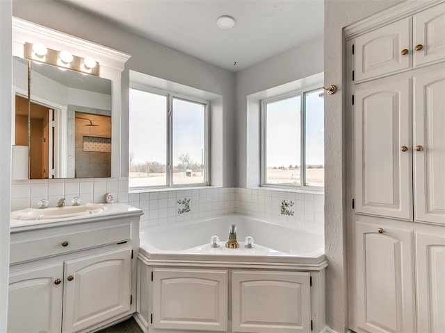 bathroom featuring backsplash, plenty of natural light, a garden tub, and vanity