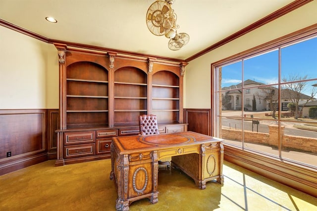 carpeted home office featuring recessed lighting, wainscoting, and crown molding