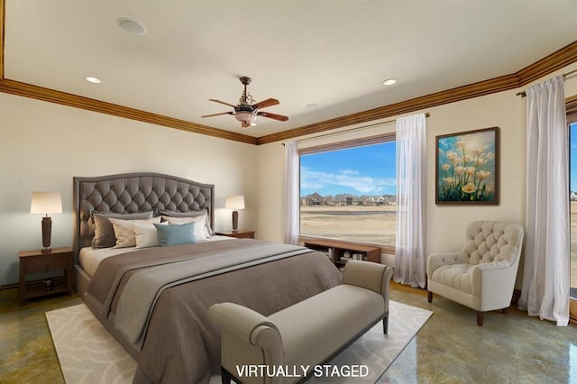 bedroom with recessed lighting, crown molding, and concrete floors