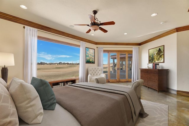 bedroom with access to exterior, recessed lighting, concrete flooring, and ornamental molding