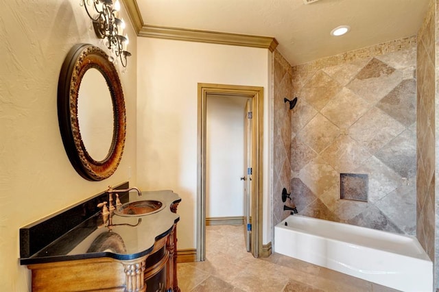 bathroom with vanity, shower / tub combination, baseboards, and ornamental molding