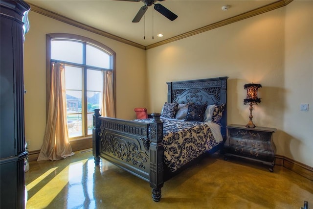 bedroom with baseboards, multiple windows, concrete flooring, and ornamental molding