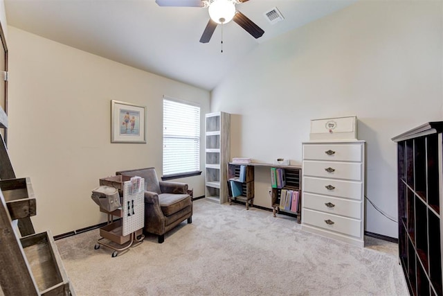 sitting room featuring visible vents, carpet, baseboards, ceiling fan, and vaulted ceiling