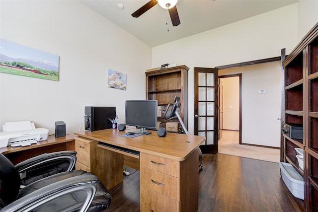 office space with french doors, dark wood-style flooring, and ceiling fan