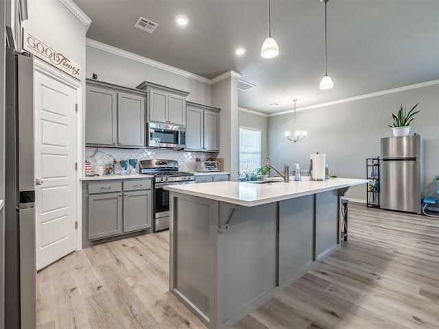 kitchen with tasteful backsplash, visible vents, appliances with stainless steel finishes, and gray cabinetry