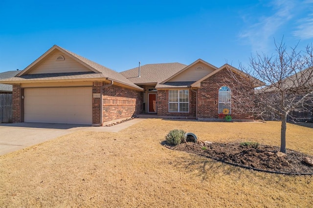 ranch-style house with a front lawn, driveway, a shingled roof, a garage, and brick siding