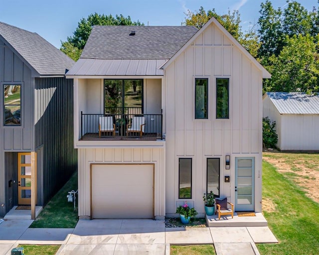 modern farmhouse with a balcony, driveway, a shingled roof, a garage, and board and batten siding