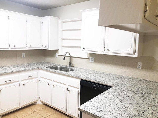 kitchen featuring dishwasher, white cabinetry, open shelves, and a sink