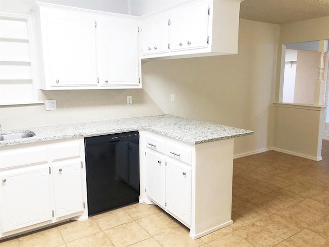 kitchen with dishwasher, light stone counters, baseboards, and white cabinetry