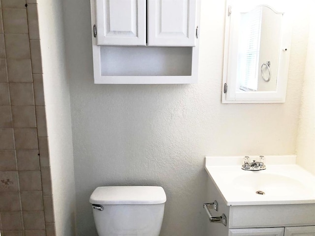 bathroom featuring toilet, vanity, and a textured wall