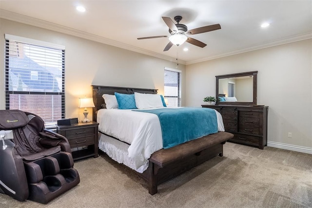 bedroom with crown molding, baseboards, ceiling fan, light carpet, and recessed lighting