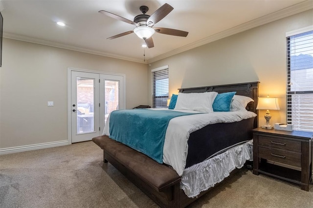 carpeted bedroom with access to exterior, ceiling fan, crown molding, and baseboards