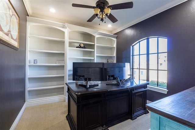 office area featuring recessed lighting, light carpet, ornamental molding, and a ceiling fan