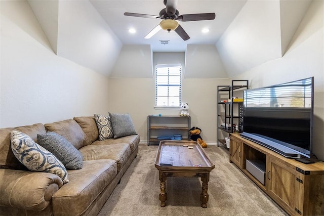 living room featuring visible vents, baseboards, vaulted ceiling, light carpet, and a ceiling fan