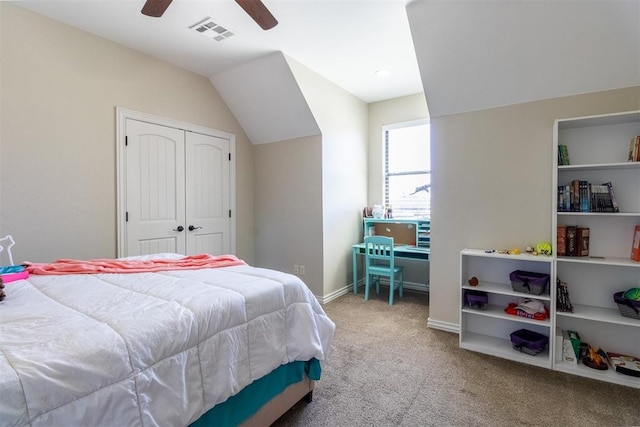 bedroom with visible vents, a ceiling fan, a closet, carpet flooring, and baseboards