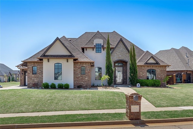 13216 Knight Island Dr, Oklahoma City, OK 73142 - french country inspired facade featuring a front yard, brick siding, and stucco siding