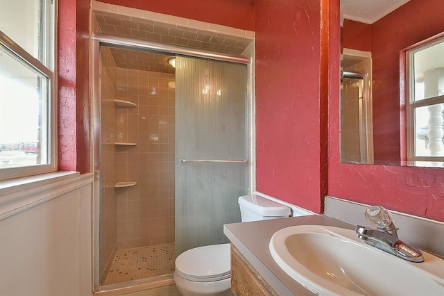 full bathroom with vanity, a shower stall, and toilet