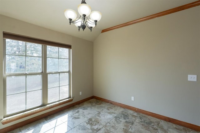 spare room featuring an inviting chandelier, plenty of natural light, baseboards, and vaulted ceiling