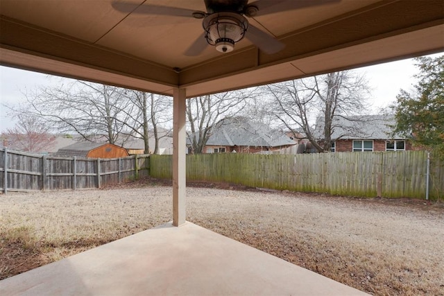 view of patio / terrace with ceiling fan and a fenced backyard