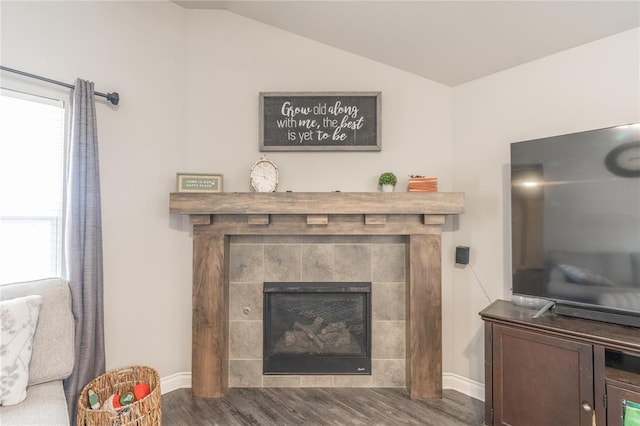 room details featuring a tiled fireplace, wood finished floors, and baseboards