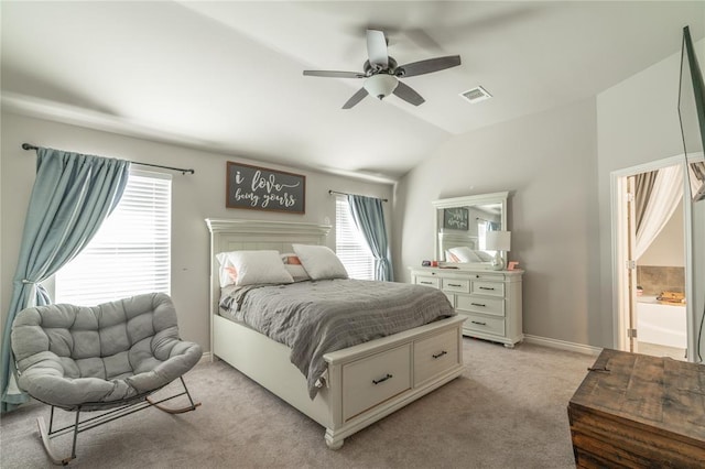 bedroom with visible vents, baseboards, lofted ceiling, ceiling fan, and light colored carpet