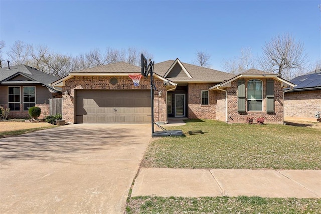ranch-style house with a garage, a front lawn, brick siding, a shingled roof, and driveway