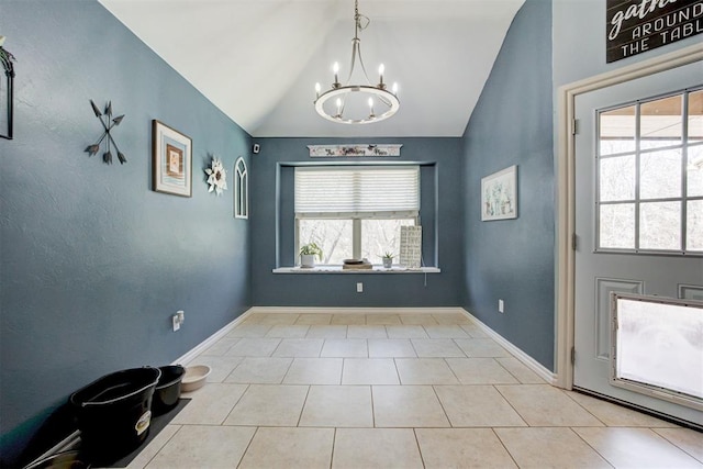 unfurnished dining area featuring baseboards, tile patterned flooring, vaulted ceiling, and a chandelier
