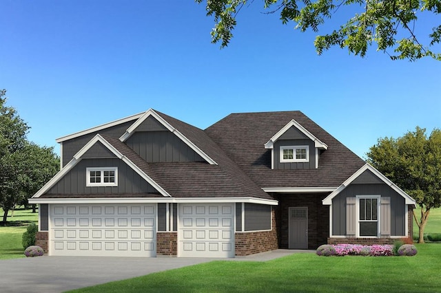 craftsman house featuring a front lawn, concrete driveway, a garage, board and batten siding, and brick siding