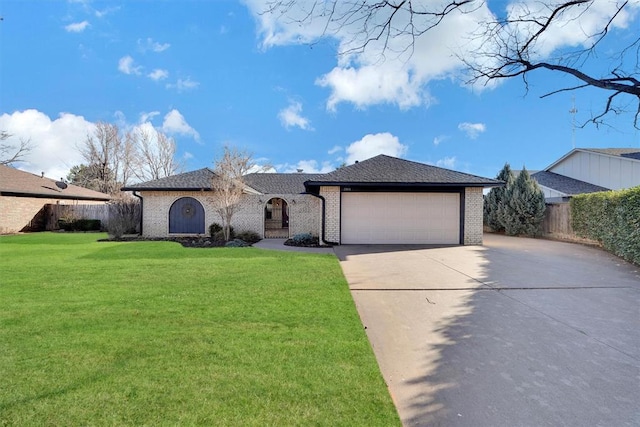 view of front of home featuring a front yard, fence, an attached garage, concrete driveway, and brick siding