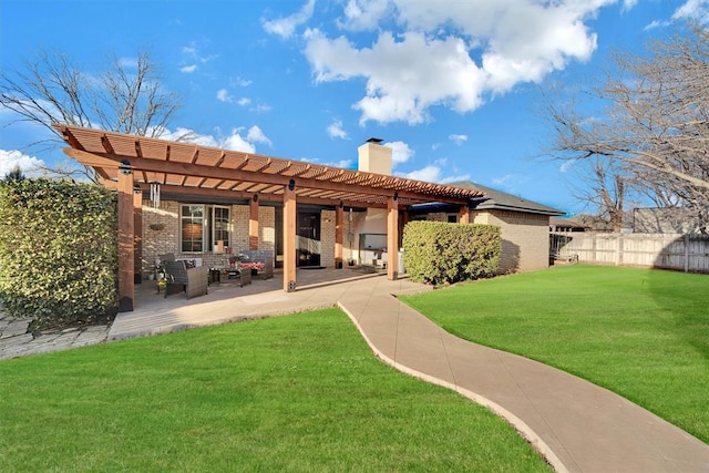 rear view of house featuring a pergola, a patio, fence, a yard, and brick siding