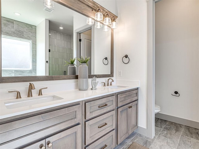 full bathroom featuring visible vents, a shower stall, toilet, and a sink