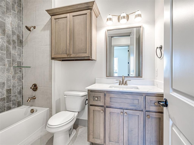 full bathroom with vanity, baseboards, tile patterned flooring, toilet, and shower / bathtub combination