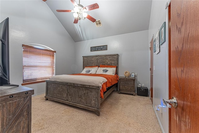 bedroom with visible vents, ceiling fan, and vaulted ceiling