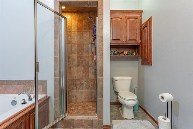 bathroom with a bath, a stall shower, toilet, and baseboards