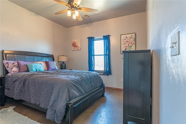 bedroom featuring visible vents, baseboards, and ceiling fan