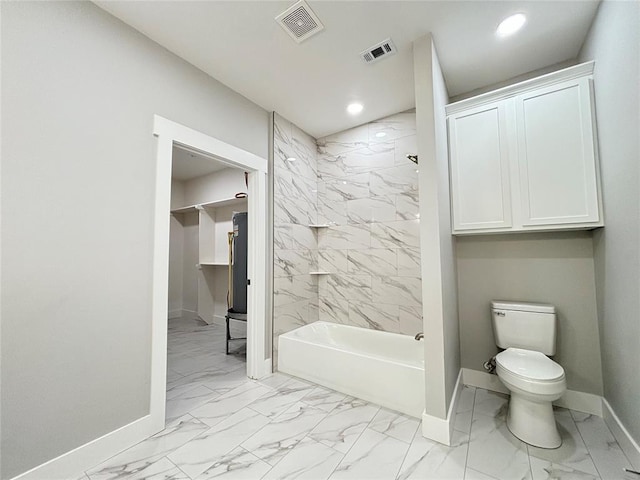 bathroom with recessed lighting, visible vents, baseboards, and marble finish floor