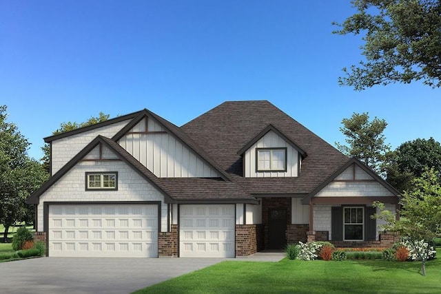 view of front of home with an attached garage, a shingled roof, a front lawn, concrete driveway, and brick siding