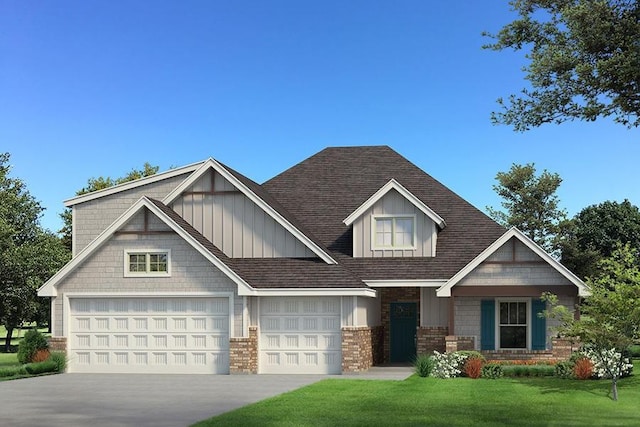 craftsman-style house featuring brick siding, concrete driveway, a front yard, roof with shingles, and a garage