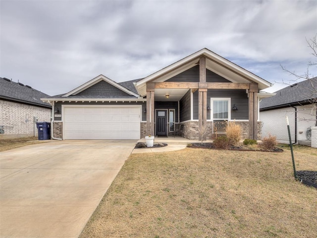 craftsman-style home with concrete driveway, an attached garage, brick siding, and a front lawn