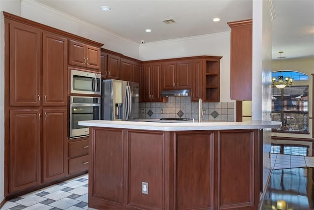 kitchen featuring visible vents, under cabinet range hood, a chandelier, appliances with stainless steel finishes, and open shelves