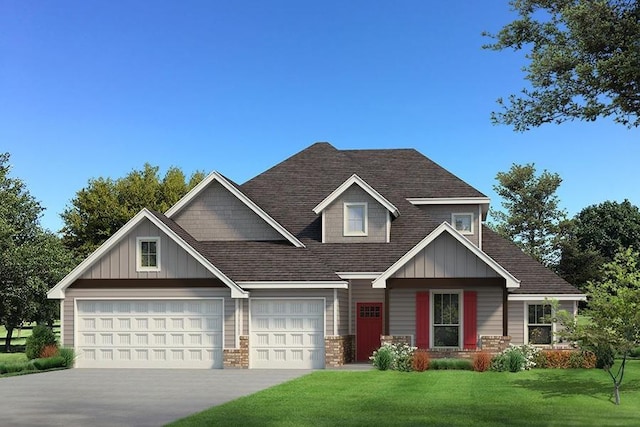 craftsman-style house with board and batten siding, concrete driveway, a front yard, and roof with shingles