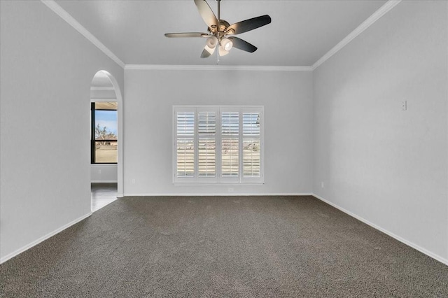 spare room featuring ceiling fan, a healthy amount of sunlight, carpet floors, and ornamental molding