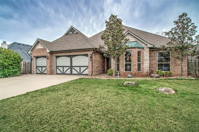 view of front of house with brick siding, a garage, roof with shingles, and fence