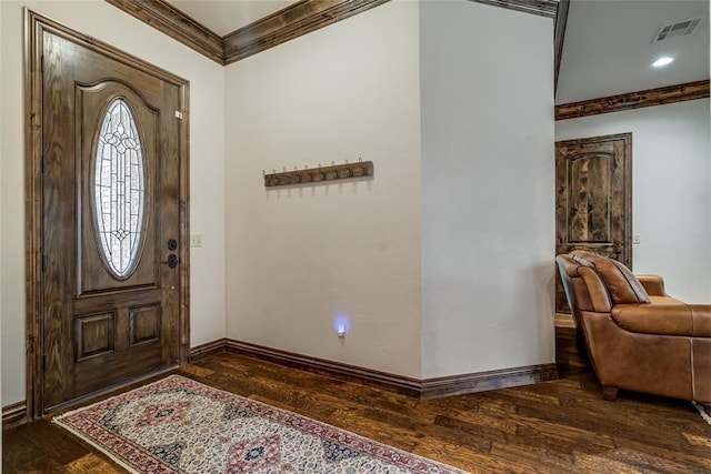 entryway featuring visible vents, recessed lighting, crown molding, baseboards, and dark wood-style flooring