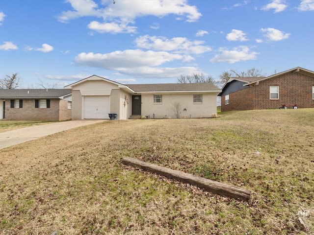 single story home with concrete driveway, brick siding, a garage, and a front lawn