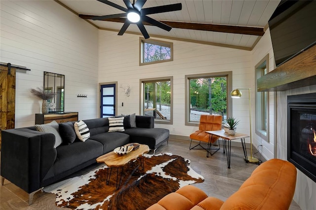 living area featuring wood finished floors, a ceiling fan, beam ceiling, a glass covered fireplace, and a barn door