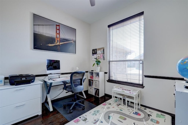 office space featuring a wealth of natural light, dark wood finished floors, and a ceiling fan