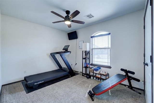 exercise room with carpet flooring, visible vents, and ceiling fan